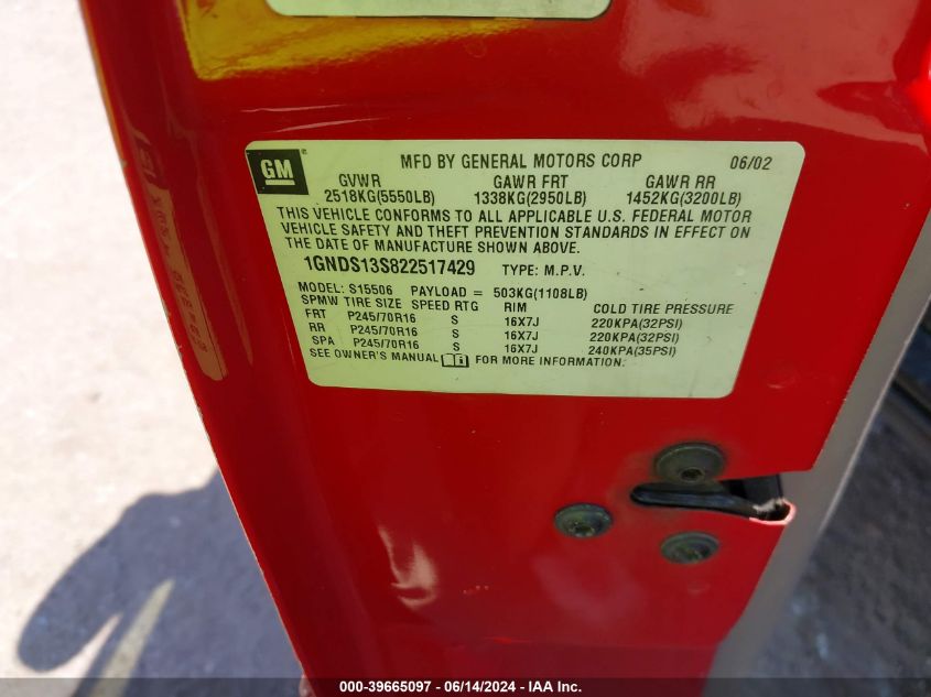 2002 Chevrolet Trailblazer Ls VIN: 1GNDS13S822517429 Lot: 39665097