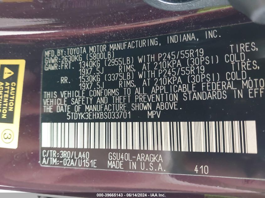 2011 Toyota Highlander Limited V6 VIN: 5TDYK3EHXBS033701 Lot: 39665143