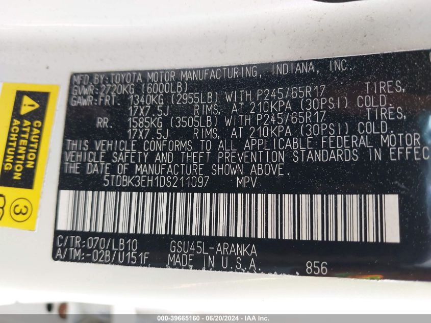 2013 Toyota Highlander Se V6 VIN: 5TDBK3EH1DS211097 Lot: 39665160