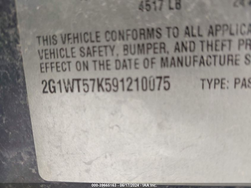 2009 Chevrolet Impala Lt VIN: 2G1WT57K591210075 Lot: 39665163