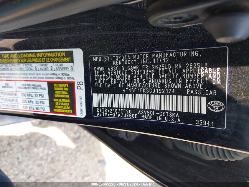 2012 Toyota Camry Se Limited Edition VIN: 4T1BF1FK5CU192174 Lot: 39665220