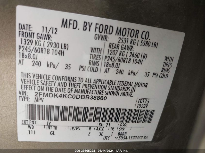 2013 Ford Edge Limited VIN: 2FMDK4KC0DBB38860 Lot: 39665228