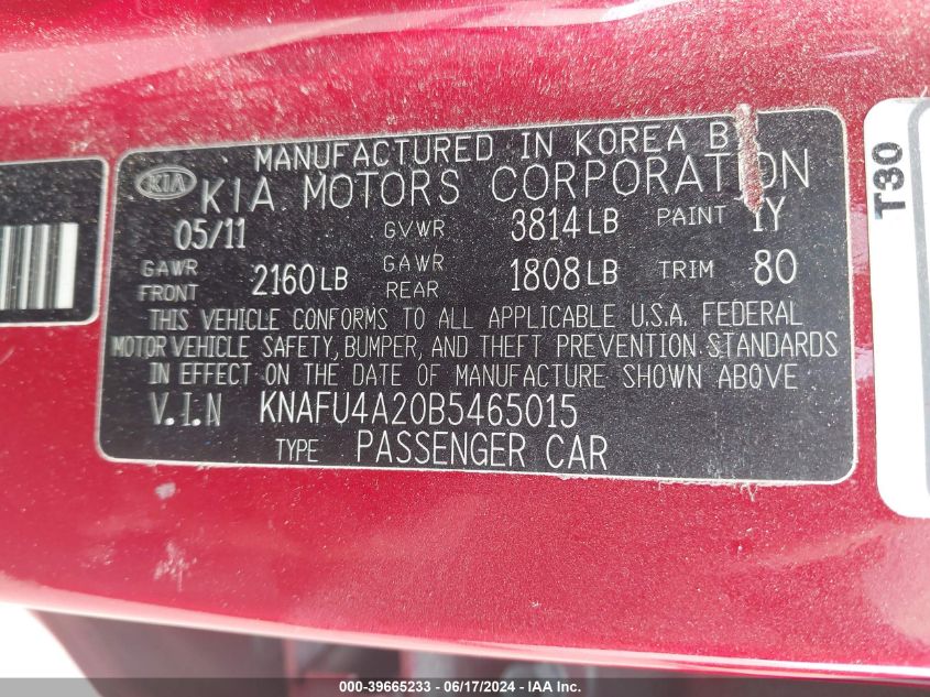 2011 Kia Forte Ex VIN: KNAFU4A20B5465015 Lot: 39665233