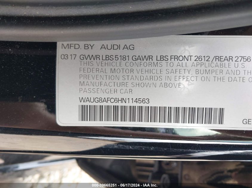 WAUG8AFC6HN114563 2017 Audi A6 2.0T Premium