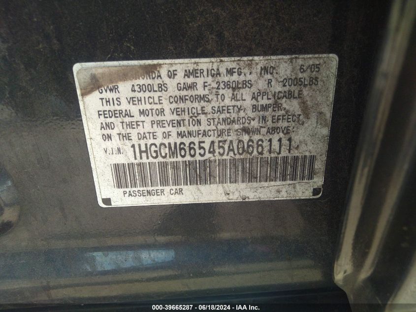 2005 Honda Accord 3.0 Ex VIN: 1HGCM66545A066111 Lot: 39665287