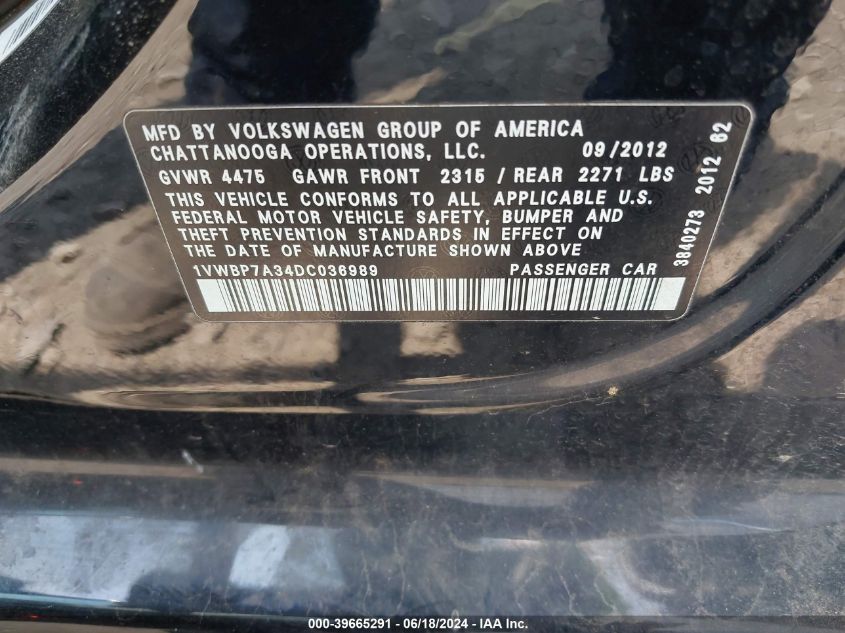 1VWBP7A34DC036989 2013 Volkswagen Passat 2.5L Se