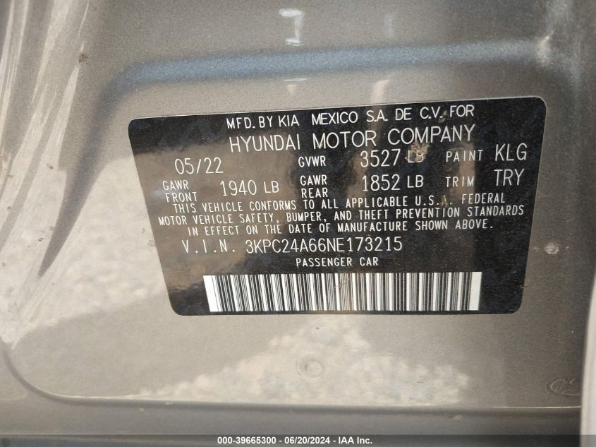 2022 Hyundai Accent Se VIN: 3KPC24A66NE173215 Lot: 39665300