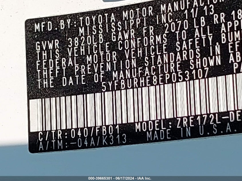 2014 Toyota Corolla Le VIN: 5YFBURHE8EP053107 Lot: 39665301