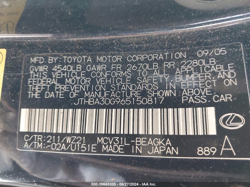 2006 Lexus Es 330 VIN: JTHBA30G965150817 Lot: 39665305