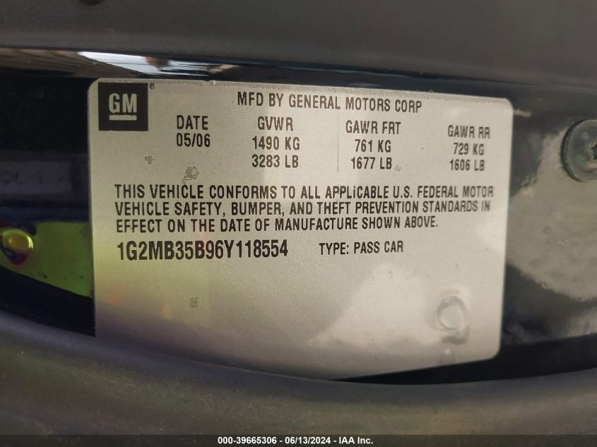 2006 Pontiac Solstice VIN: 1G2MB35B96Y118554 Lot: 39665306