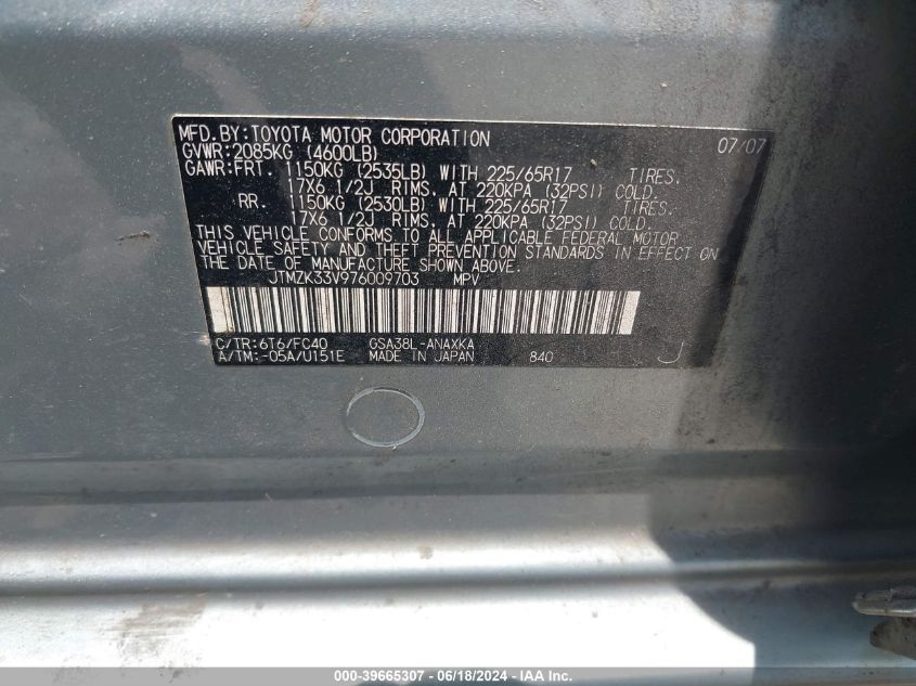 2007 Toyota Rav4 Base V6 VIN: JTMZK33V976009703 Lot: 39665307