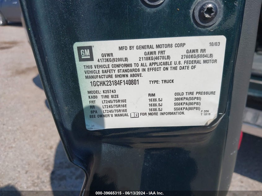 2004 Chevrolet Silverado 2500Hd Ls VIN: 1GCHK23184F140801 Lot: 39665315