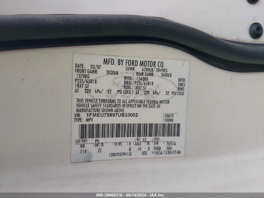 2007 Ford Explorer Limited VIN: 1FMEU75897UB33002 Lot: 39665316