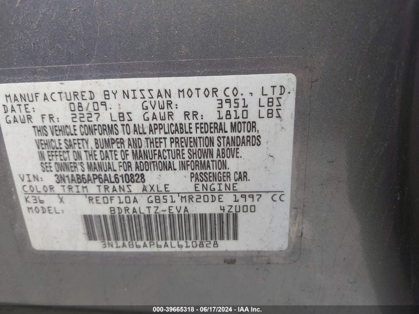 2010 Nissan Sentra 2.0S VIN: 3N1AB6AP6AL610828 Lot: 39665318