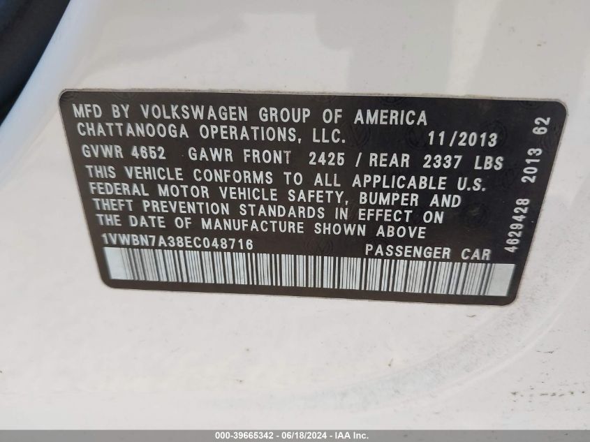 1VWBN7A38EC048716 | 2014 VOLKSWAGEN PASSAT