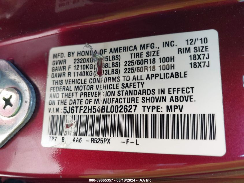 2011 Honda Accord Crosstour Ex-L VIN: 5J6TF2H54BL002627 Lot: 39665357