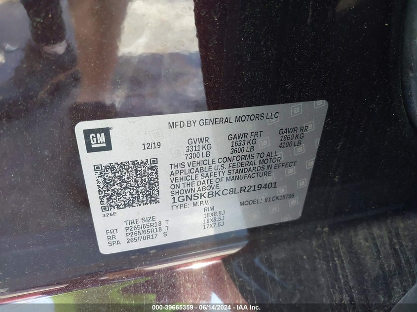 2020 Chevrolet Tahoe 4Wd Lt VIN: 1GNSKBKC8LR219401 Lot: 39665359