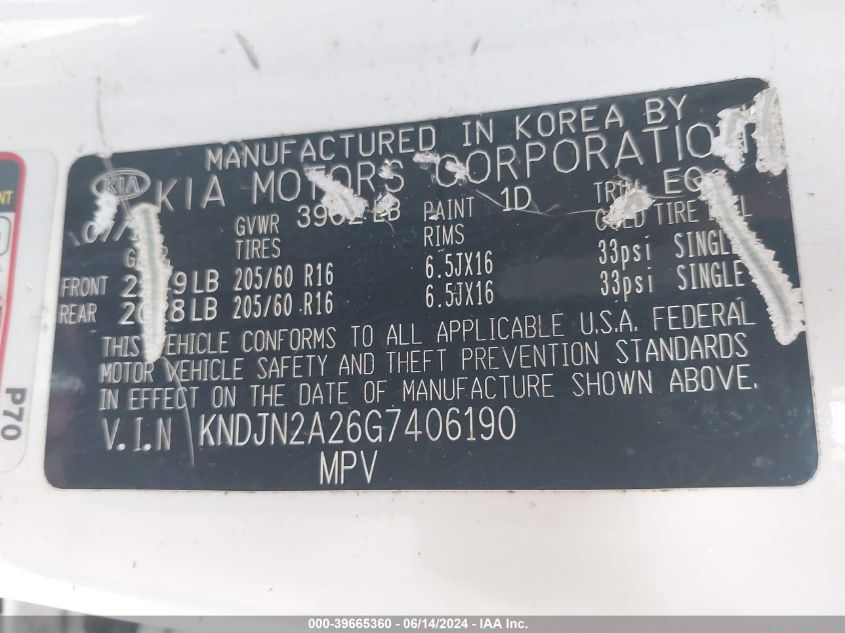 2016 Kia Soul VIN: KNDJN2A26G7406190 Lot: 39665360