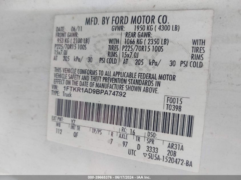 1FTKR1AD9BPA74792 | 2011 FORD RANGER