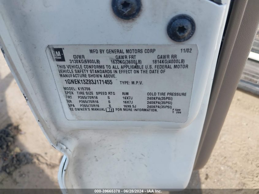 2003 Chevrolet Tahoe Lt VIN: 1GNEK13Z83J171455 Lot: 39665378