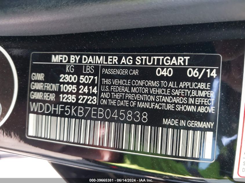 2014 Mercedes-Benz E 350 VIN: WDDHF5KB7EB045838 Lot: 39665381