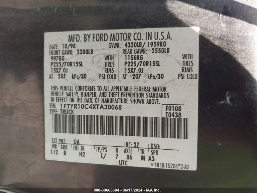 1999 Ford Ranger Xl/Xlt VIN: 1FTYR10C4XTA30068 Lot: 39665384