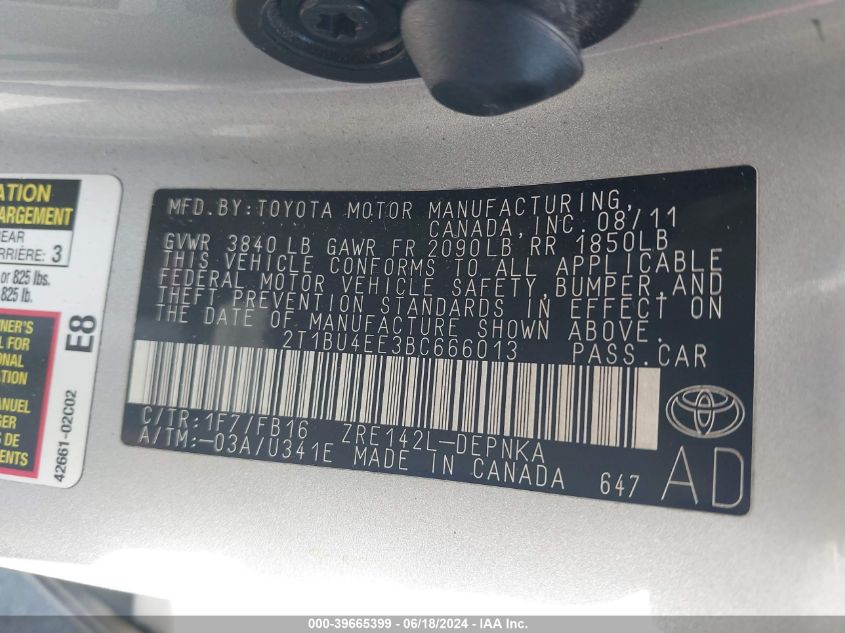 2011 Toyota Corolla Le VIN: 2T1BU4EE3BC666013 Lot: 39665399