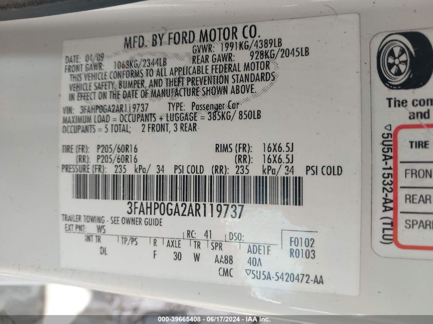 2010 Ford Fusion S VIN: 3FAHP0GA2AR119737 Lot: 39665408