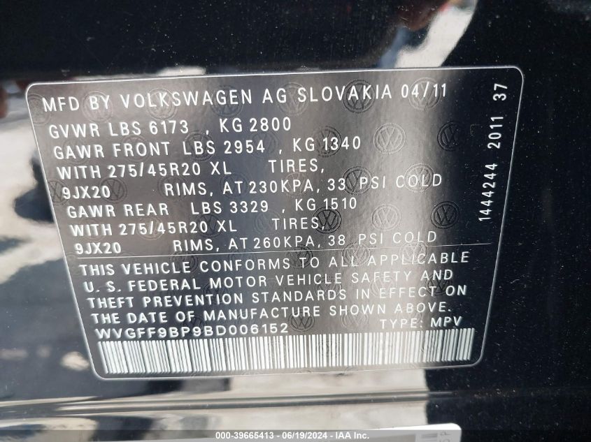 2011 Volkswagen Touareg Vr6 Executive VIN: WVGFF9BP9BD006152 Lot: 39665413