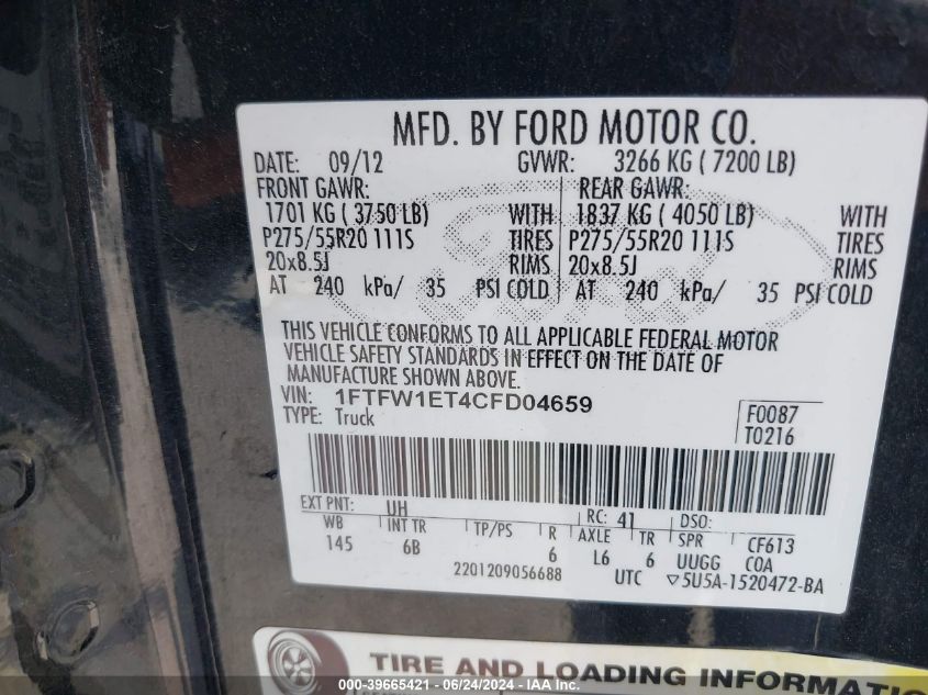 2012 Ford F-150 Fx4 VIN: 1FTFW1ET4CFD04659 Lot: 39665421