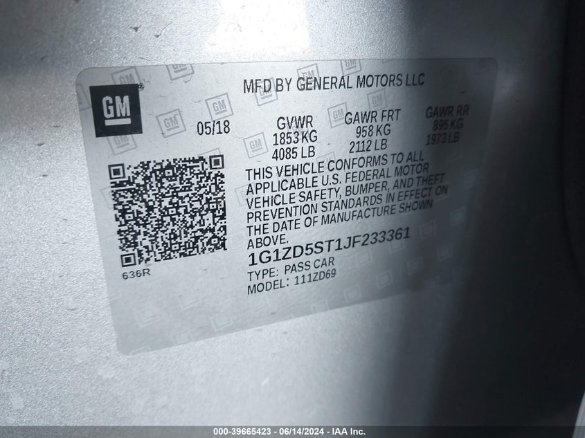 2018 Chevrolet Malibu Lt VIN: 1G1ZD5ST1JF233361 Lot: 39665423