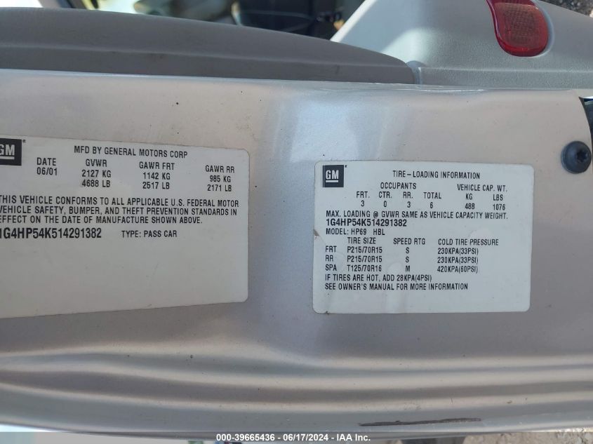 2001 Buick Lesabre Custom VIN: 1G4HP54K514291382 Lot: 39665436