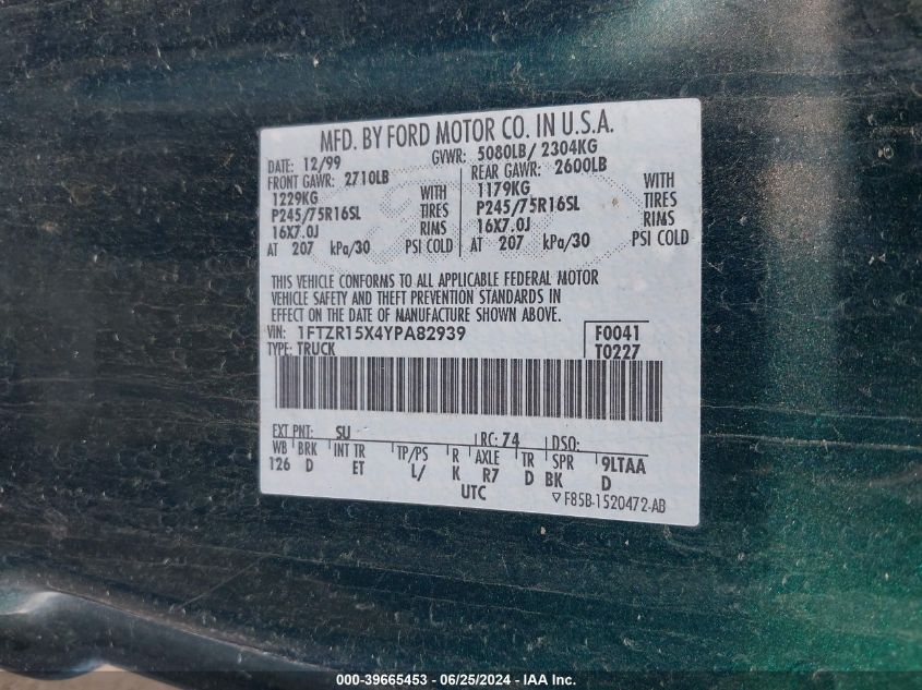 2000 Ford Ranger Super Cab VIN: 1FTZR15X4YPA82939 Lot: 39665453