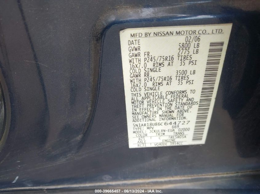 2006 Nissan Pathfinder Le/Se/Xe VIN: 5N1AR18U86C644727 Lot: 39665457