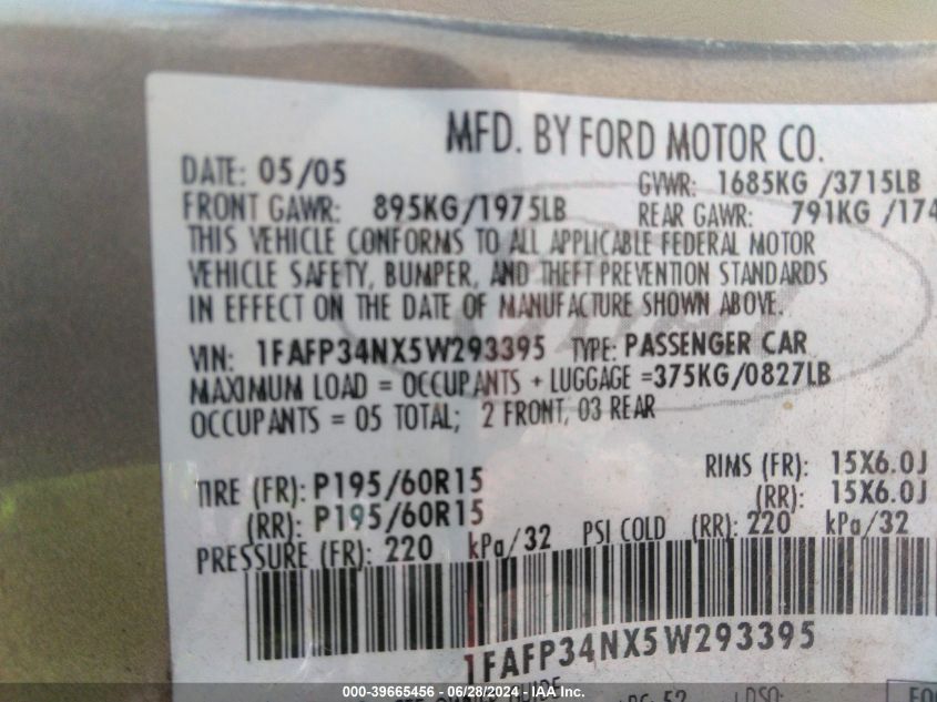 2005 Ford Focus Zx4 VIN: 1FAFP34NX5W293395 Lot: 39665456