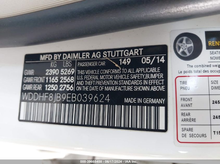 2014 Mercedes-Benz E 350 4Matic VIN: WDDHF8JB9EB039624 Lot: 39665458