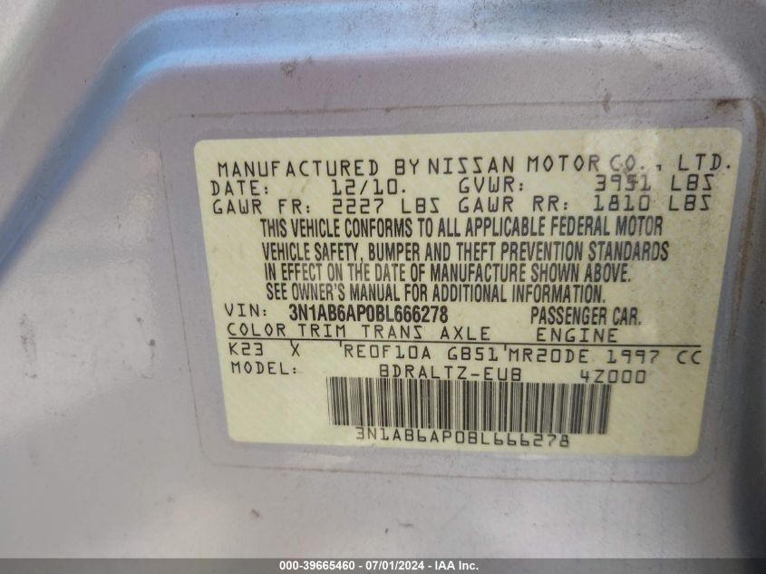 2011 Nissan Sentra 2.0Sr VIN: 3N1AB6AP0BL666278 Lot: 39665460