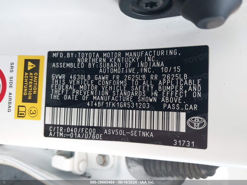 2016 Toyota Camry Le VIN: 4T4BF1FK1GR531203 Lot: 39665464