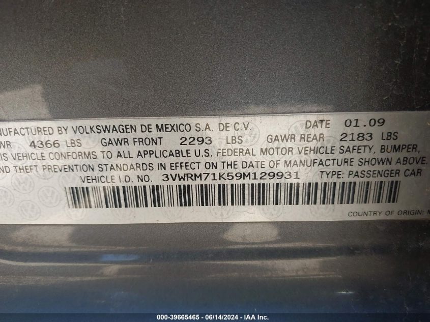 2009 Volkswagen Jetta Se VIN: 3VWRM71K59M129931 Lot: 39665465