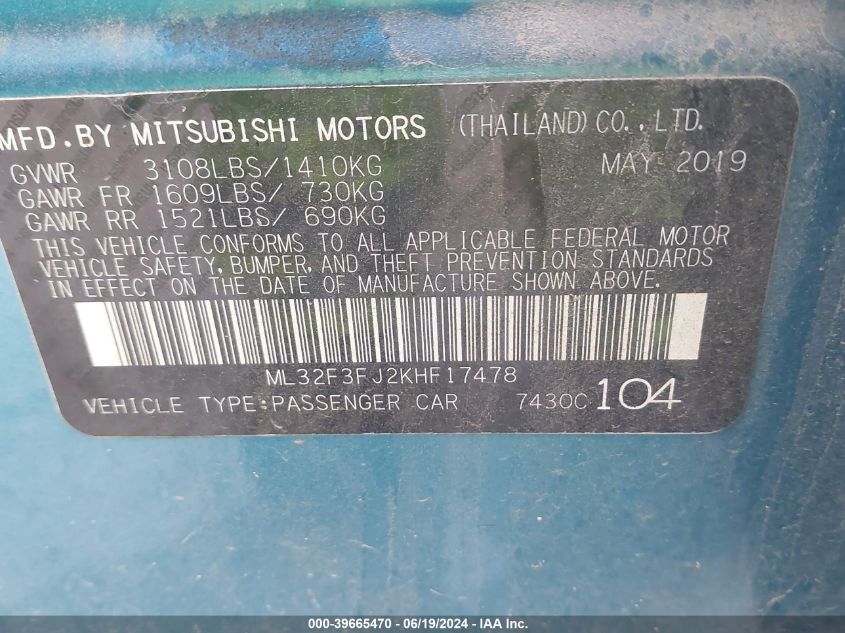 2019 Mitsubishi Mirage G4 Es VIN: ML32F3FJ2KHF17478 Lot: 39665470