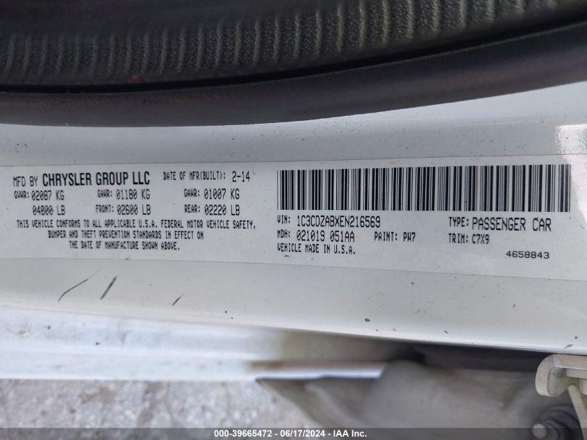 2014 Dodge Avenger Se VIN: 1C3CDZABXEN216569 Lot: 39665472