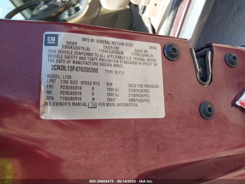 2007 Chevrolet Equinox Ls VIN: 2CNDL13F476038388 Lot: 39665478