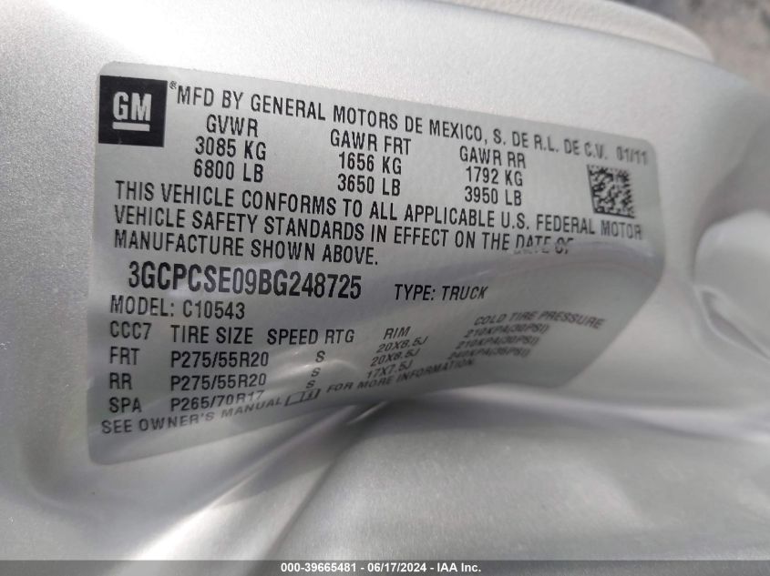2011 Chevrolet Silverado 1500 Lt VIN: 3GCPCSE09BG248725 Lot: 39665481