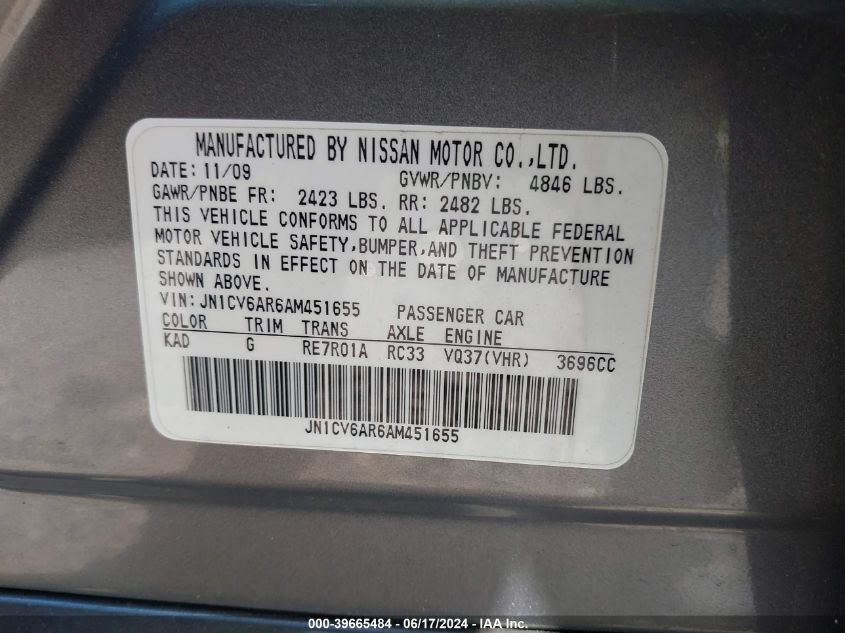 2010 Infiniti G37X VIN: JN1CV6AR6AM451655 Lot: 39665484