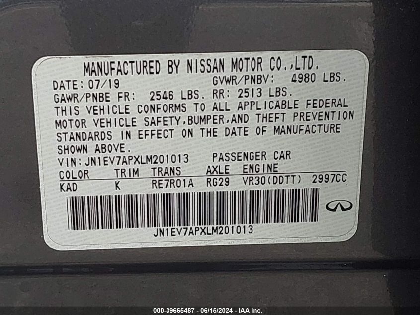 2020 Infiniti Q50 Luxe VIN: JN1EV7APXLM201013 Lot: 39665487