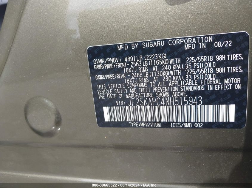 2022 Subaru Forester Limited VIN: JF2SKAPC4NH515943 Lot: 39665522