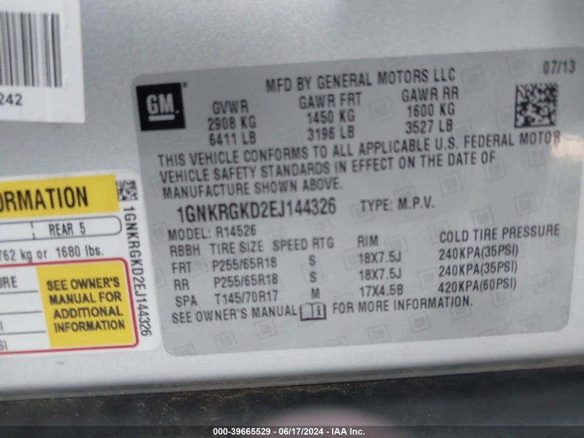 2014 Chevrolet Traverse 1Lt VIN: 1GNKRGKD2EJ144326 Lot: 39665529