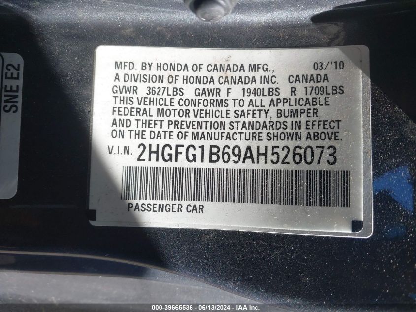 2010 Honda Civic Lx VIN: 2HGFG1B69AH526073 Lot: 39665536