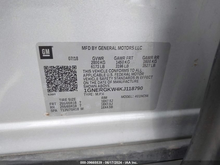 2019 Chevrolet Traverse 1Lt VIN: 1GNERGKW4KJ118790 Lot: 39665539