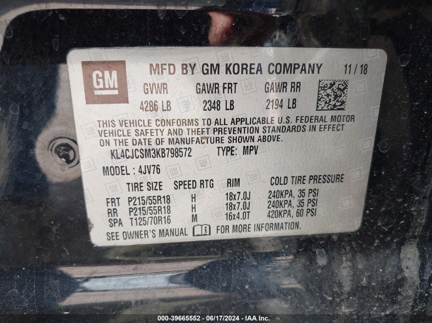 2019 Buick Encore Fwd Essence VIN: KL4CJCSM3KB798572 Lot: 39665552